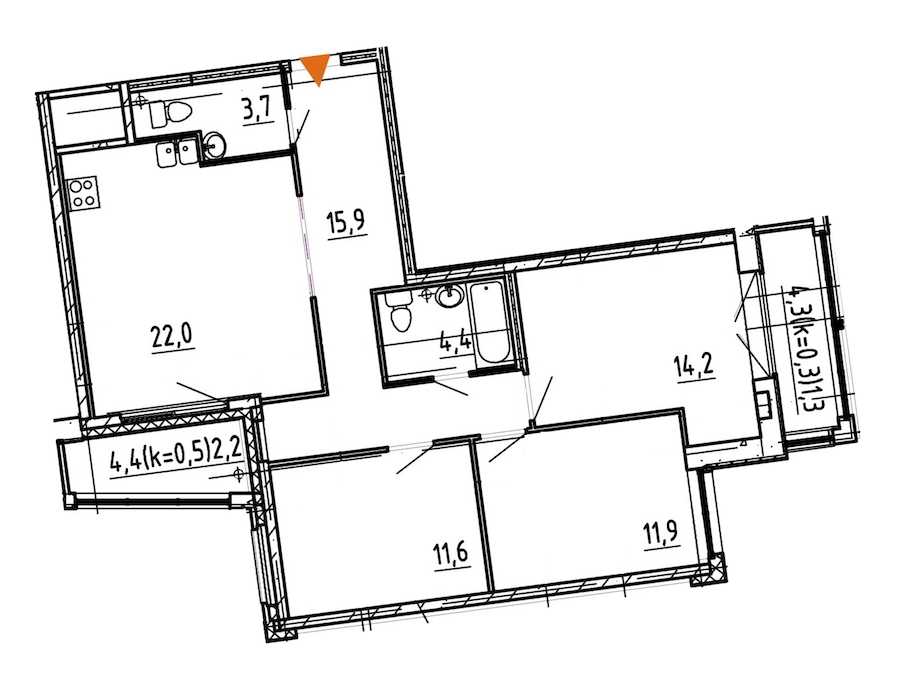 Трехкомнатная квартира в : площадь 87.7 м2 , этаж: 4 – купить в Санкт-Петербурге